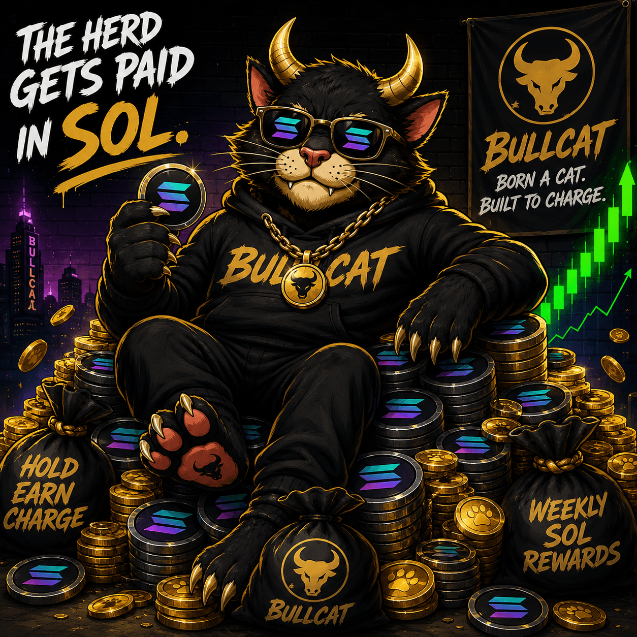 BullCat holding Solana coins with The Herd Gets Paid in SOL campaign artwork